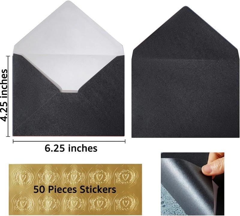 Homtable 50 Pieces Shiny Envelopes with Gold Stickers for Wedding Invitation Cards, Graduation, Baby Shower, Greeting Cards (Black, A4, 4x6) - Image 2